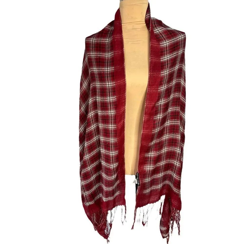 Brand New Bochi Accessories Women’s One Size Red Plaid Fringe Scarf Wrap